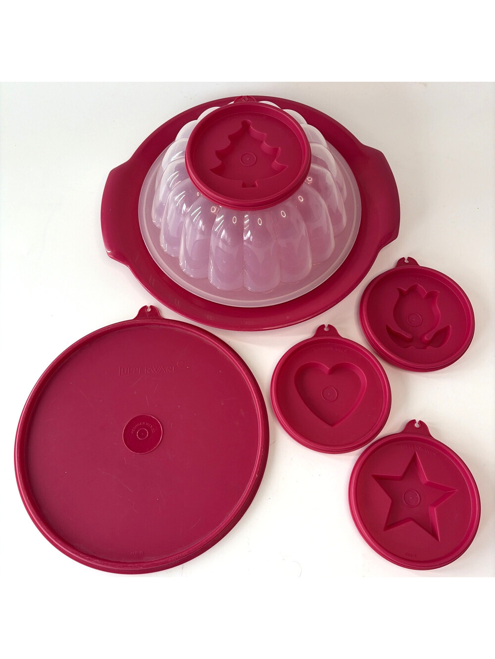 Vtg Tupperware 8 Cup Jel Ring Mold Fuchsia Pink Holiday Inserts Jell O Salad Set